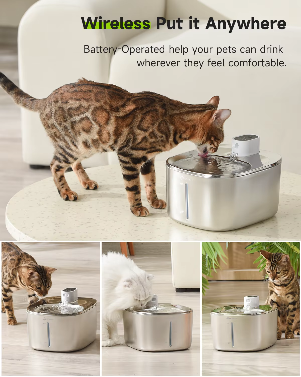Wireless Cat Water Fountain – Battery-Operated Stainless Steel Pet Drinking Fountain