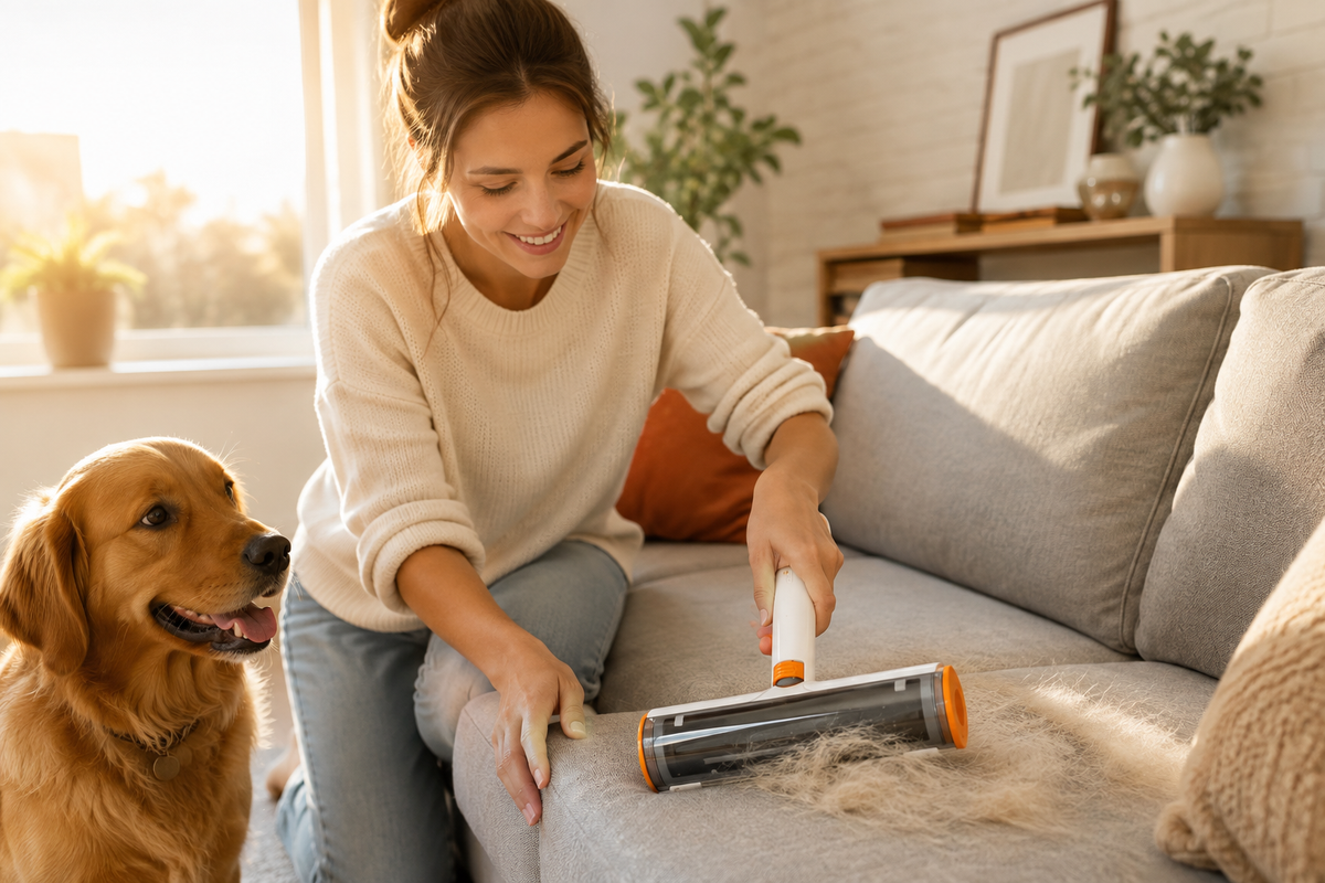 Woman using the Reusable Pet Hair Roller on a sofa with her golden retriever nearby
